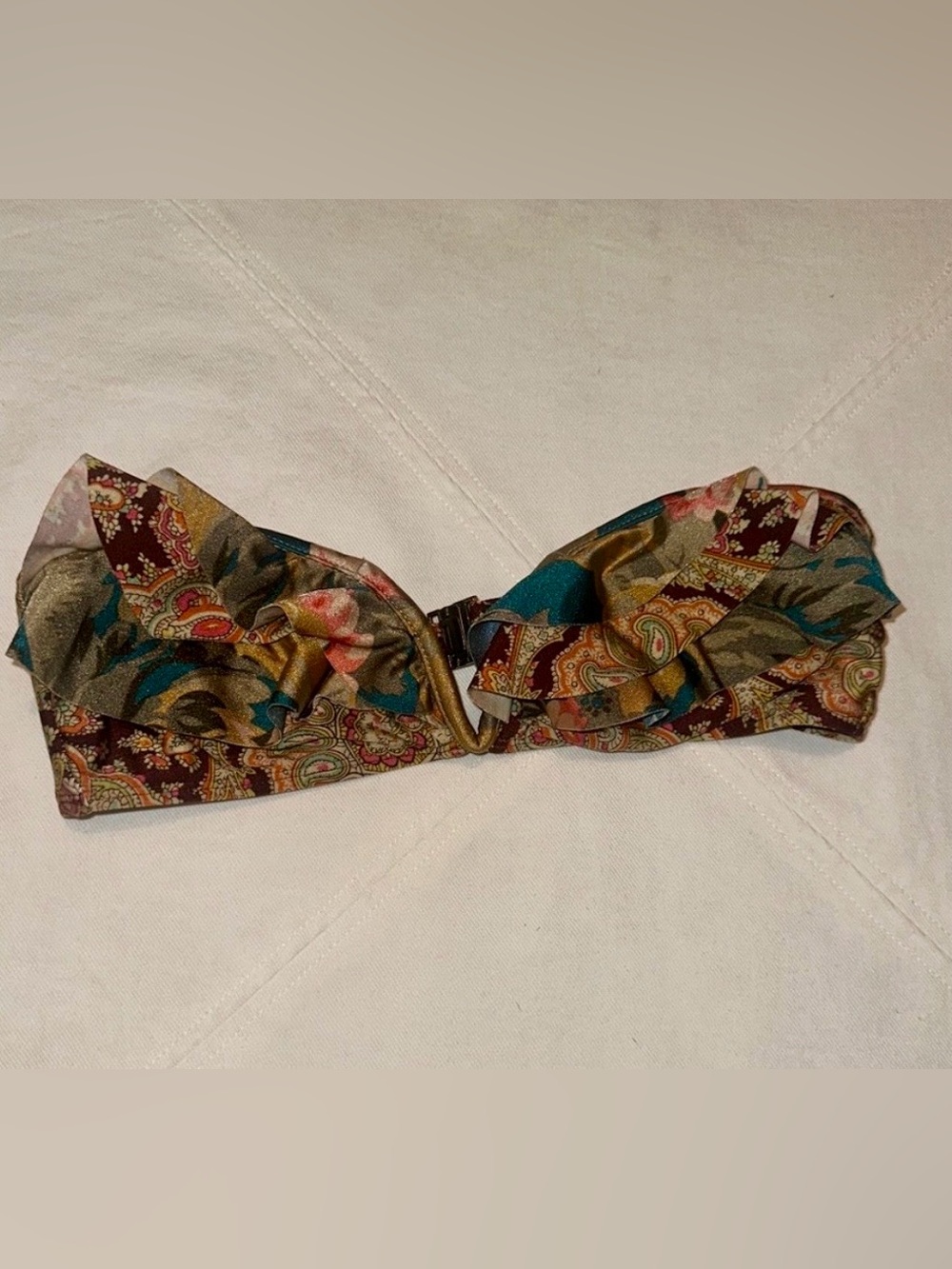 Zimmermann Paisley Ruffle Bandeau Bikini Top in Teal and Burgundy